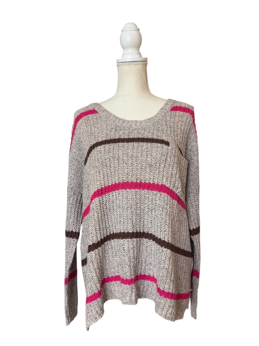 Free People Complete in Stripes Oversized Knit Sweater Pink Gray Brown S